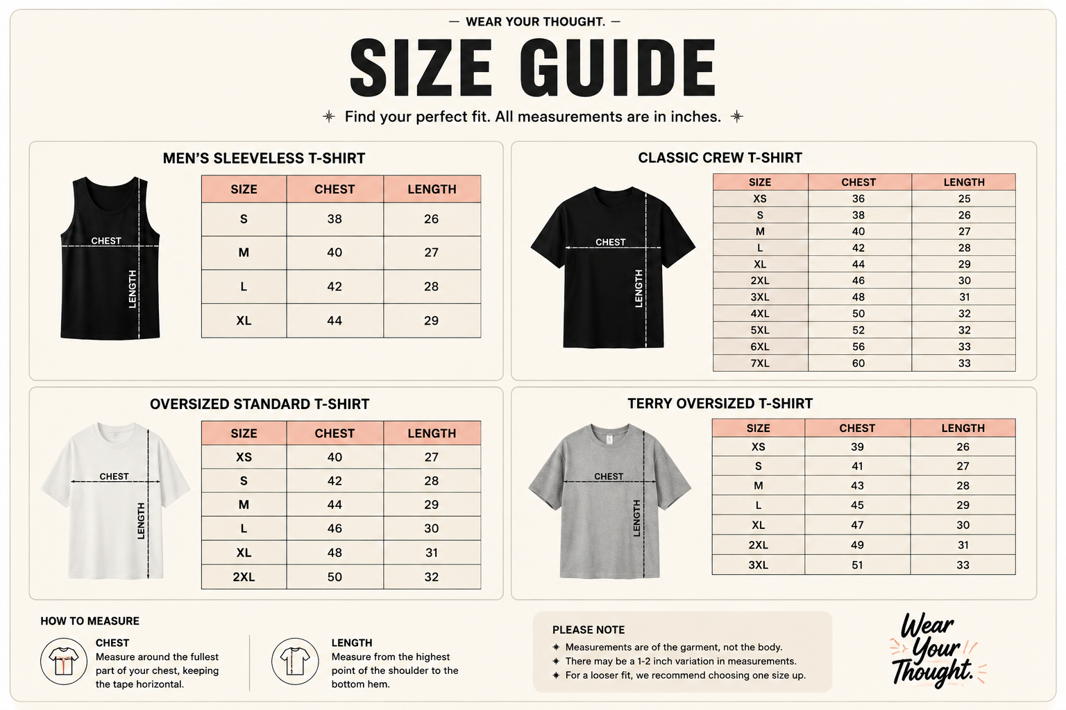 Wear Your Thought size guide showing measurements for men's sleeveless, classic crew, oversized standard and terry oversized T-shirts